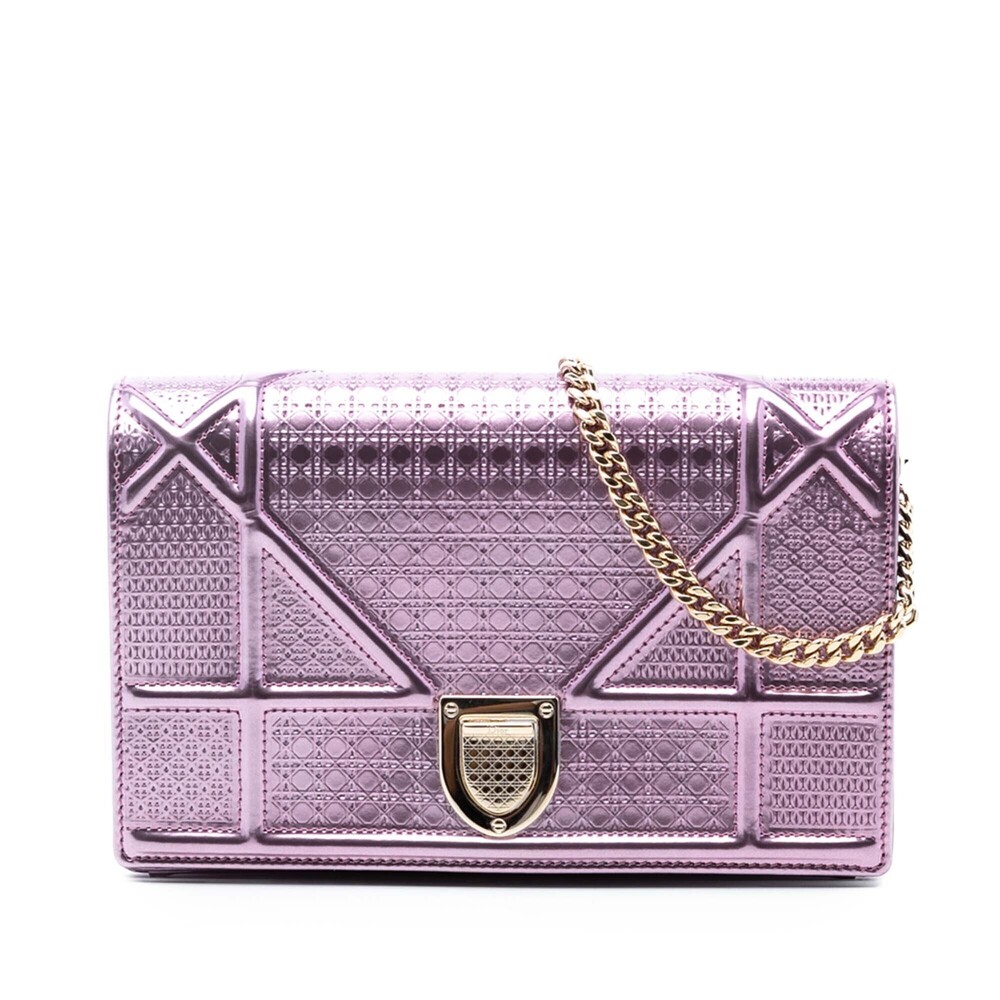 Pre-Loved Dior Metallic Patent Microcannage Diorama Wallet on Chain
